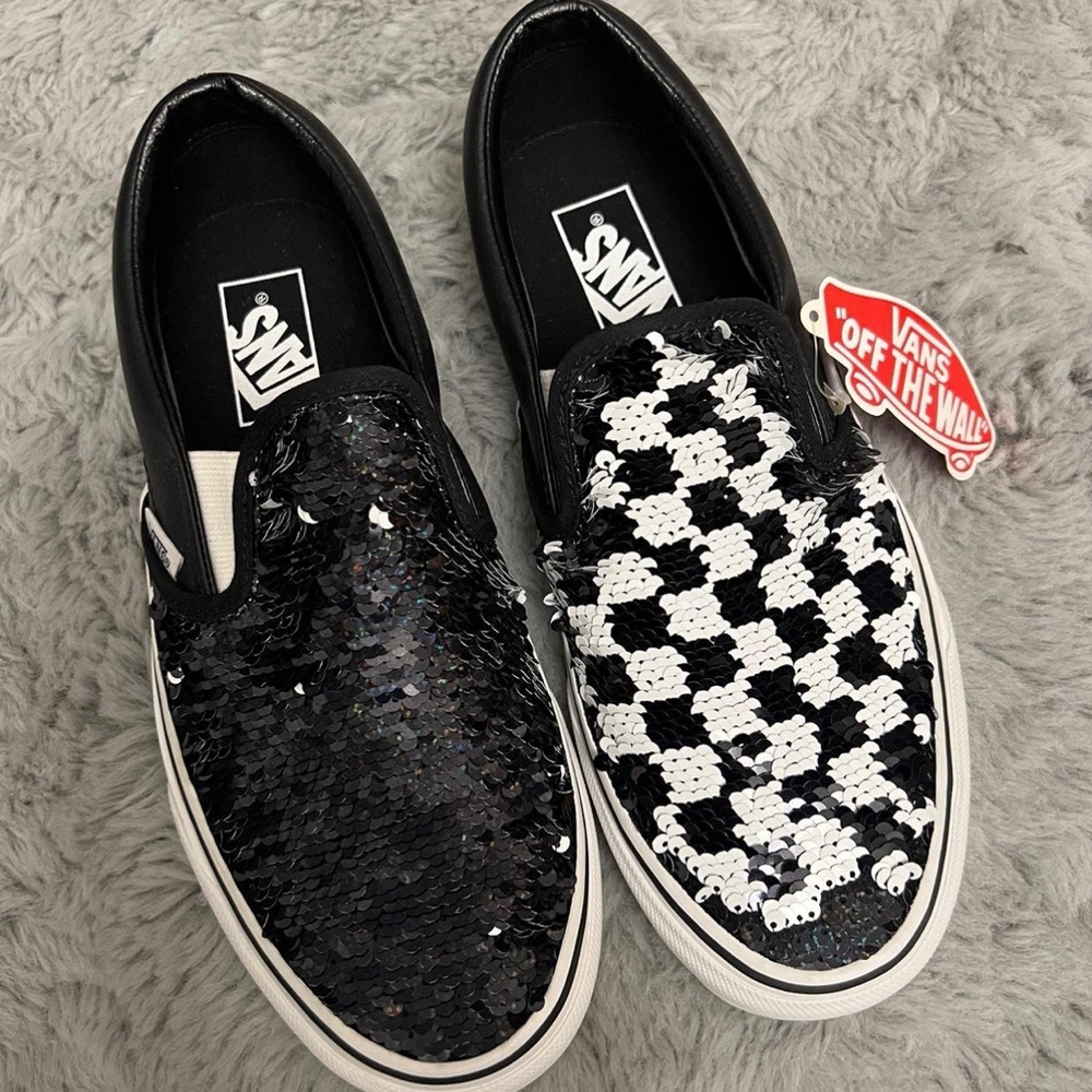 Vans Black and White Sequin Slip-On Sneakers
